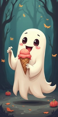 Happy ghost enjoying ice cream in a spooky forest