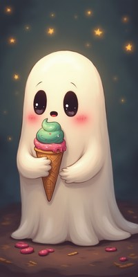 Cute ghost enjoying ice cream on a starry night