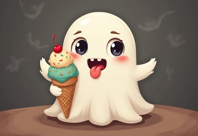 Cute ghost holding an ice cream cone with a smile