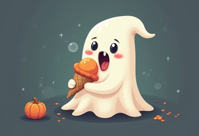 Cute ghost enjoying ice cream in halloween setting