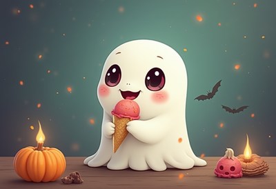 Happy ghost enjoying ice cream at halloween celebration