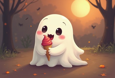 Cute ghost enjoying ice cream in a spooky forest