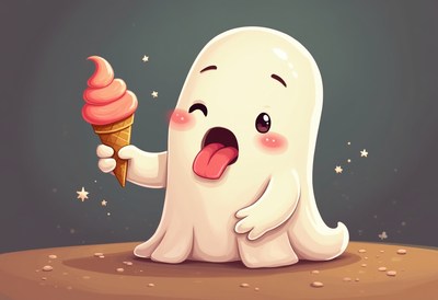 Cute ghost enjoying ice cream cone in a playful setting
