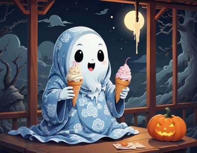Cute ghost enjoying ice cream on a spooky night