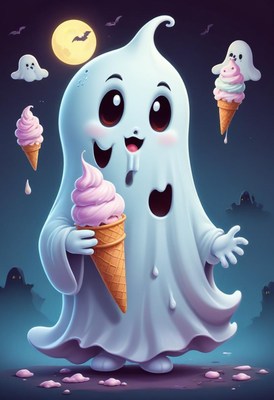 Fun ghost with ice cream in a spooky night scene
