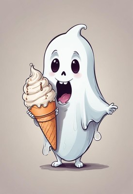Playful ghost enjoying ice cream cone in a cheerful setting