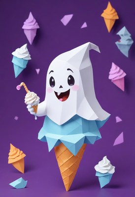 Happy ghost character with ice cream in playful setting