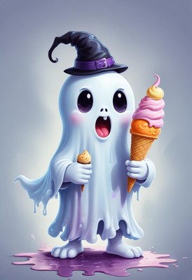 Cute ghost enjoying ice cream on a spooky night