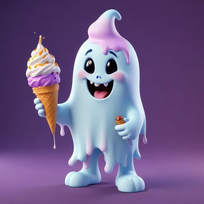 Ghost with ice cream cone in a purple scene