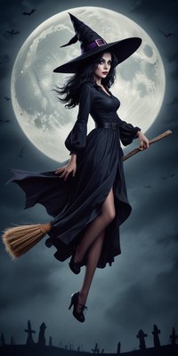 Witch flying on broomstick under full moon at night