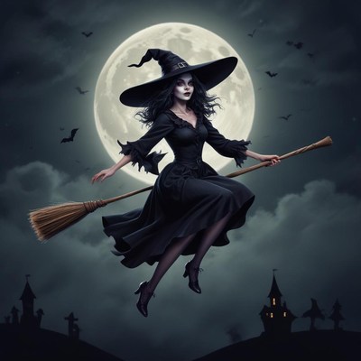 Witch flying over a spooky landscape at night