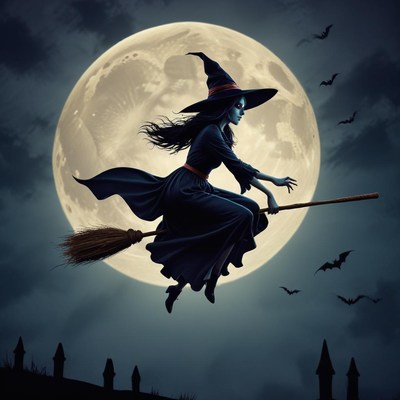 Witch flying on a broomstick under a full moon