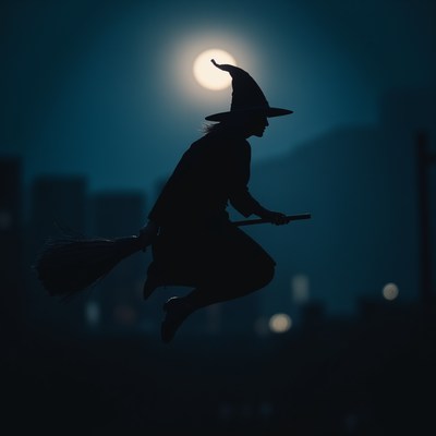 Witch flying on broomstick at night under full moon