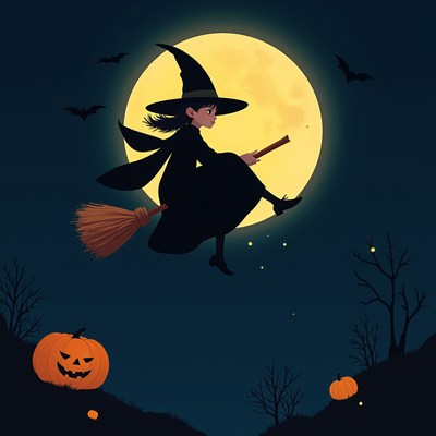 Flying witch on broomstick under full moon