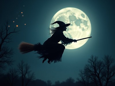 Witch flying under a full moon in a dark forest scene