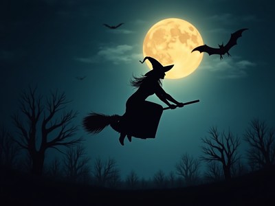Witch flying across the moonlit sky at night