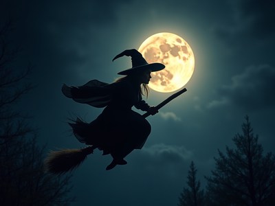 Witch flying over the forest under a full moon