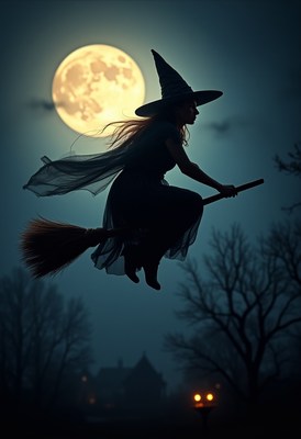 Witch flying on a broomstick under the full moon