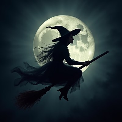 Witch flying on a broomstick under a full moon