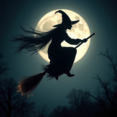 Witch flying on broomstick under a full moon at night