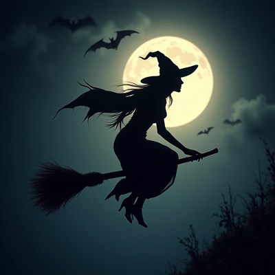 Mysterious witch flying on a broom across a full moon