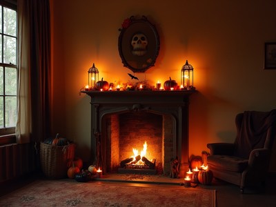 Cozy fireplace with halloween decorations in dim light