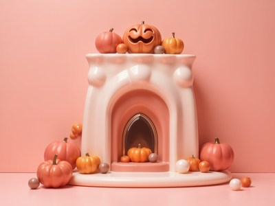 Autumn decorative display with pumpkins and pink backdrop