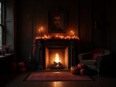 Cozy halloween setting with fireplace and pumpkins