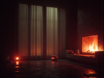 Cozy autumn scene with warm fireplace and pumpkins