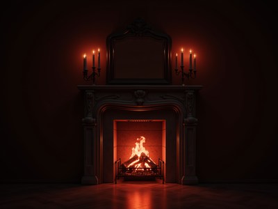 Cozy fireplace scene with warm glowing flames at dusk