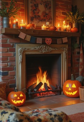 Cozy halloween scene with pumpkins and fireplace glow