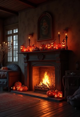 Cozy halloween scene with glowing pumpkins by the fire