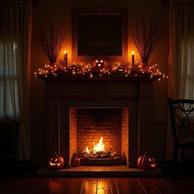 Cozy halloween fireplace setting with glowing pumpkins