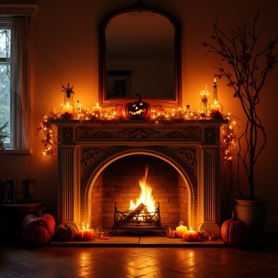 Cozy fireplace decorated for autumn with pumpkins and lights