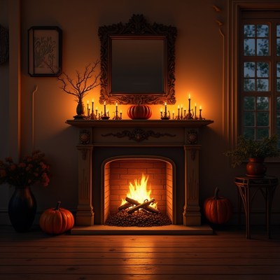Cozy fireplace with candles and pumpkins in warm glow