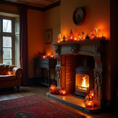Cozy halloween evening with glowing pumpkins and fire
