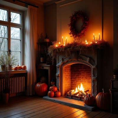 Cozy autumn evening by the fireplace with pumpkins