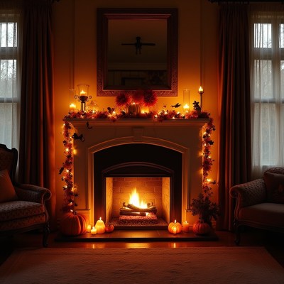 Cozy autumn evening by the fireplace in a warmly lit room