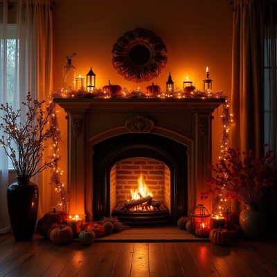 Cozy autumn fireplace with warm decorations and lights