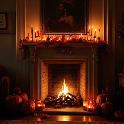 Cozy fireplace with pumpkins and candles in autumn decor
