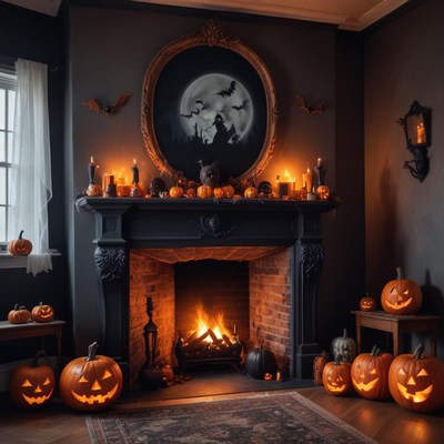 Cozy halloween living room filled with glowing pumpkins