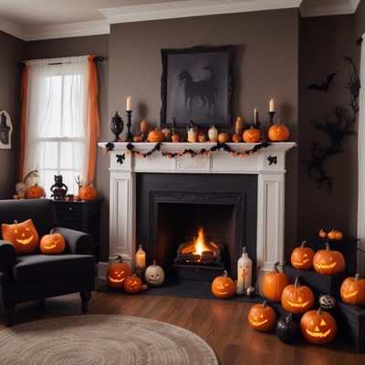 Cozy halloween decorations in a warm living room setting