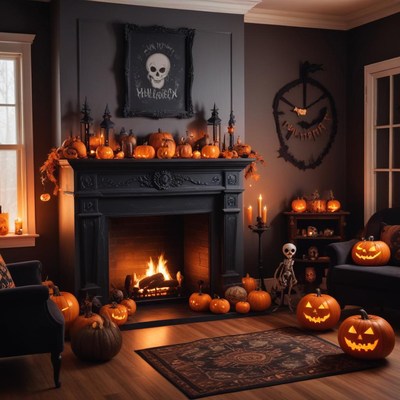 Cozy halloween decorations create a festive living room