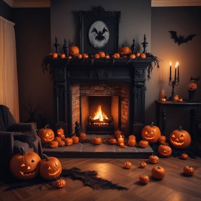 Cozy halloween living room with glowing pumpkins and decor