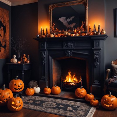 Cozy fireplace decorated with halloween pumpkins and candles