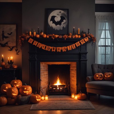 Cozy halloween setting with carved pumpkins and candles