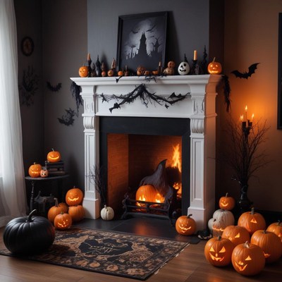 Cozy halloween living room with pumpkins and decor