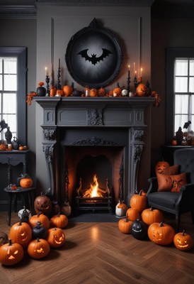 Cozy halloween decorations with carved pumpkins