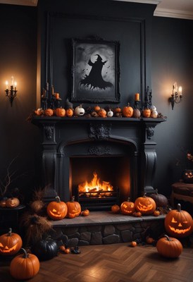 Cozy halloween scene with pumpkins and a roaring fire