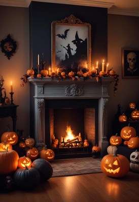 Cozy halloween evening with carved pumpkins and candles
